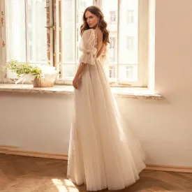 Sexy Half Puff Sleeve A-Line Boho Wedding Dress Luxury Illusion V Neck Appliques Pearls Bridal Gown