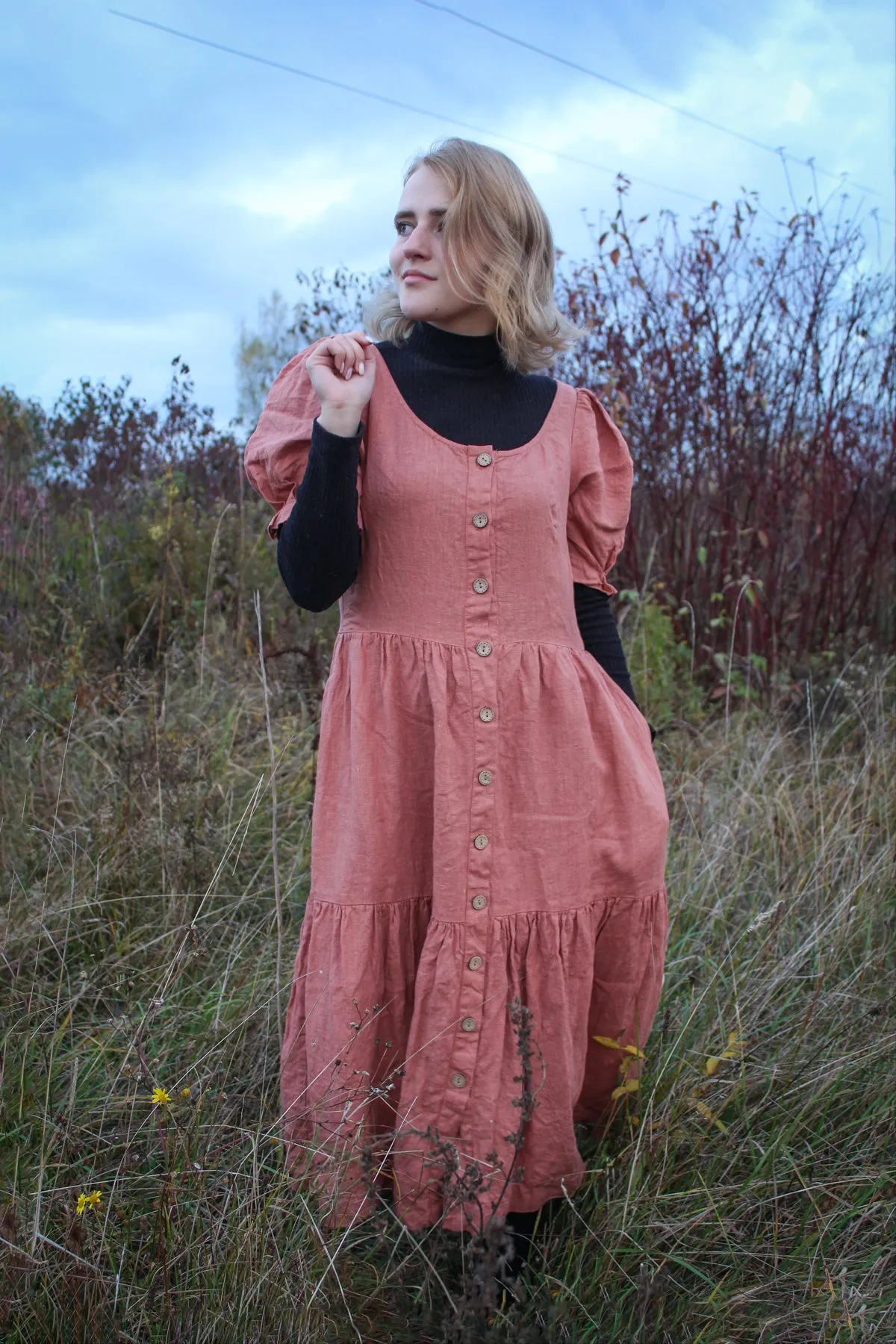 Short Puff Sleeves Linen Dress JULIA