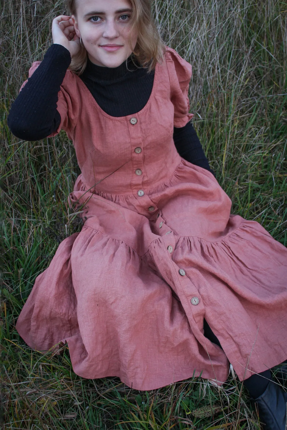 Short Puff Sleeves Linen Dress JULIA