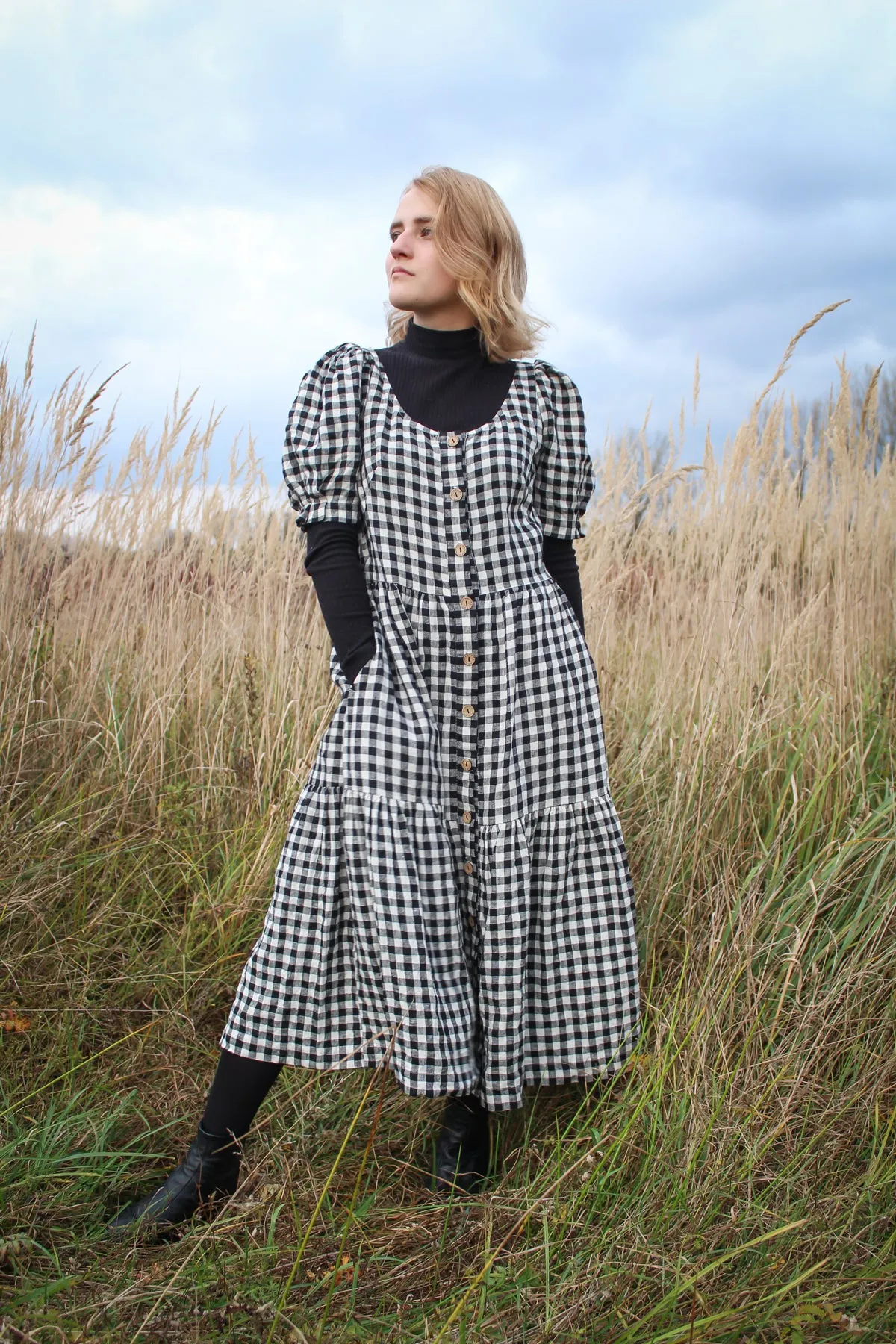 Short Puff Sleeves Linen Dress JULIA