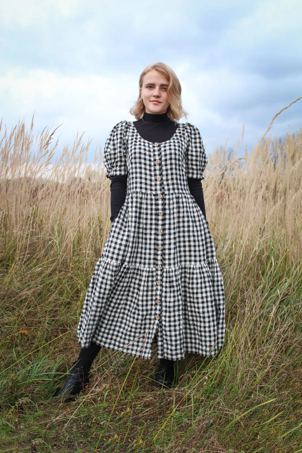 Short Puff Sleeves Linen Dress JULIA