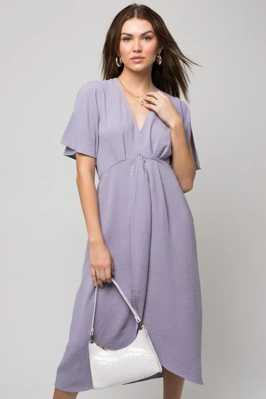 Solid V-Neck Midi Dress W-Front Knot - Online Exclusive