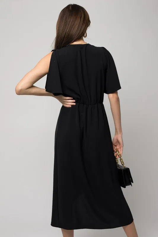 Solid V-Neck Midi Dress W-Front Knot - Online Exclusive