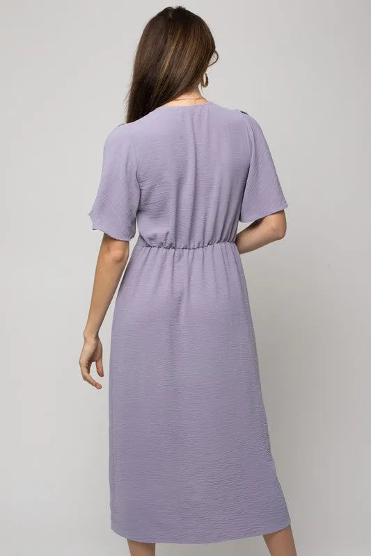 Solid V-Neck Midi Dress W-Front Knot - Online Exclusive