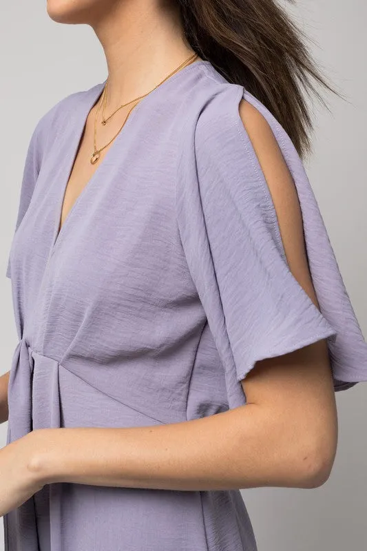 Solid V-Neck Midi Dress W-Front Knot - Online Exclusive