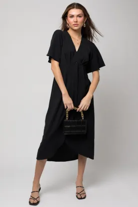 Solid V-Neck Midi Dress W-Front Knot - Online Exclusive