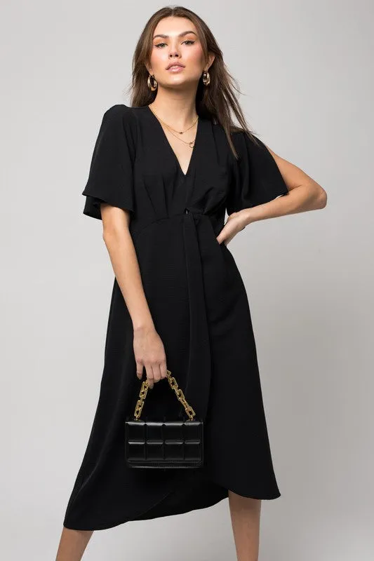 Solid V-Neck Midi Dress W-Front Knot - Online Exclusive