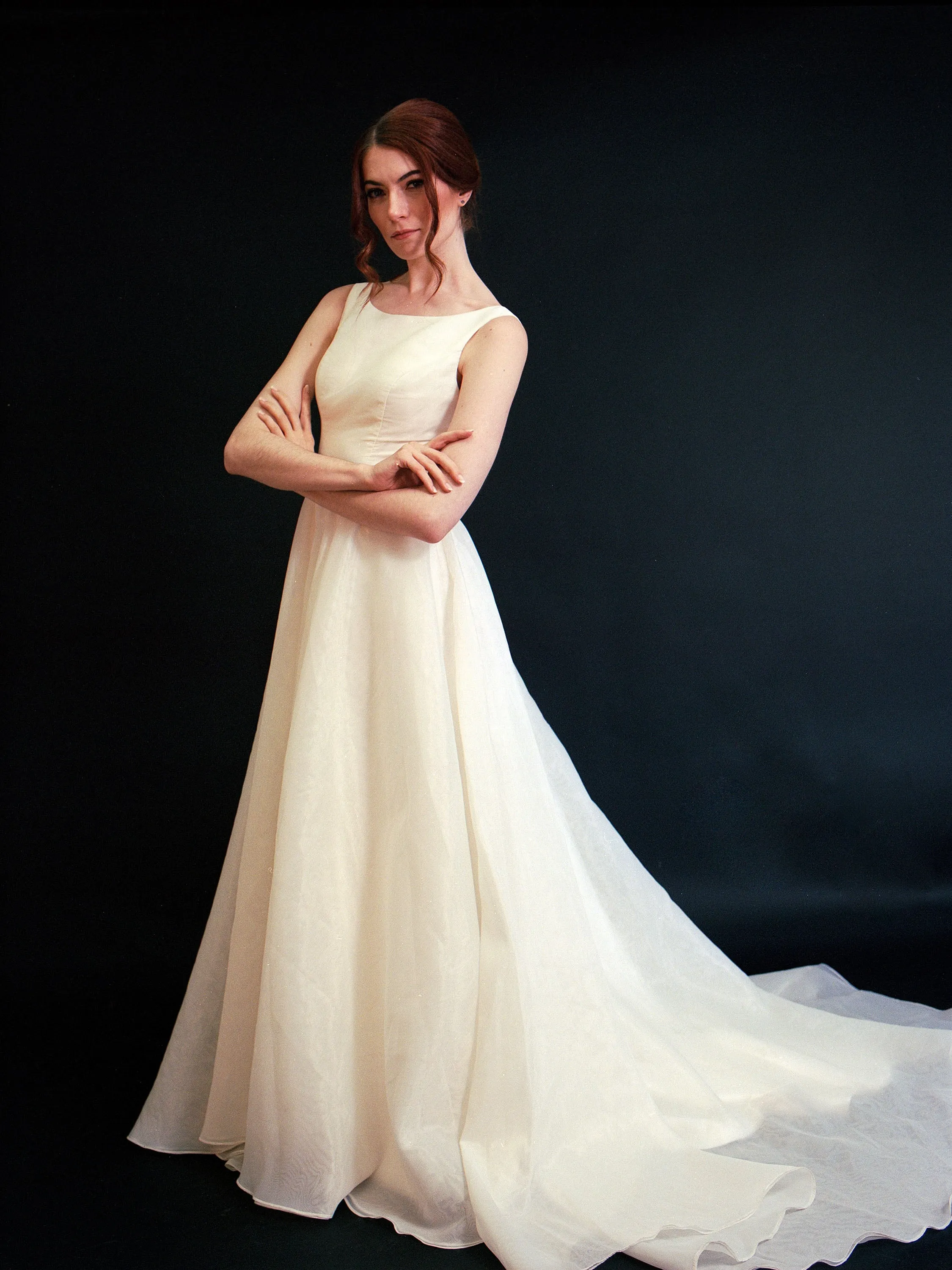 Style D2414 -Modern Organza Satin Scoop Neck A-line Princess Wedding dress with detachable sleeves