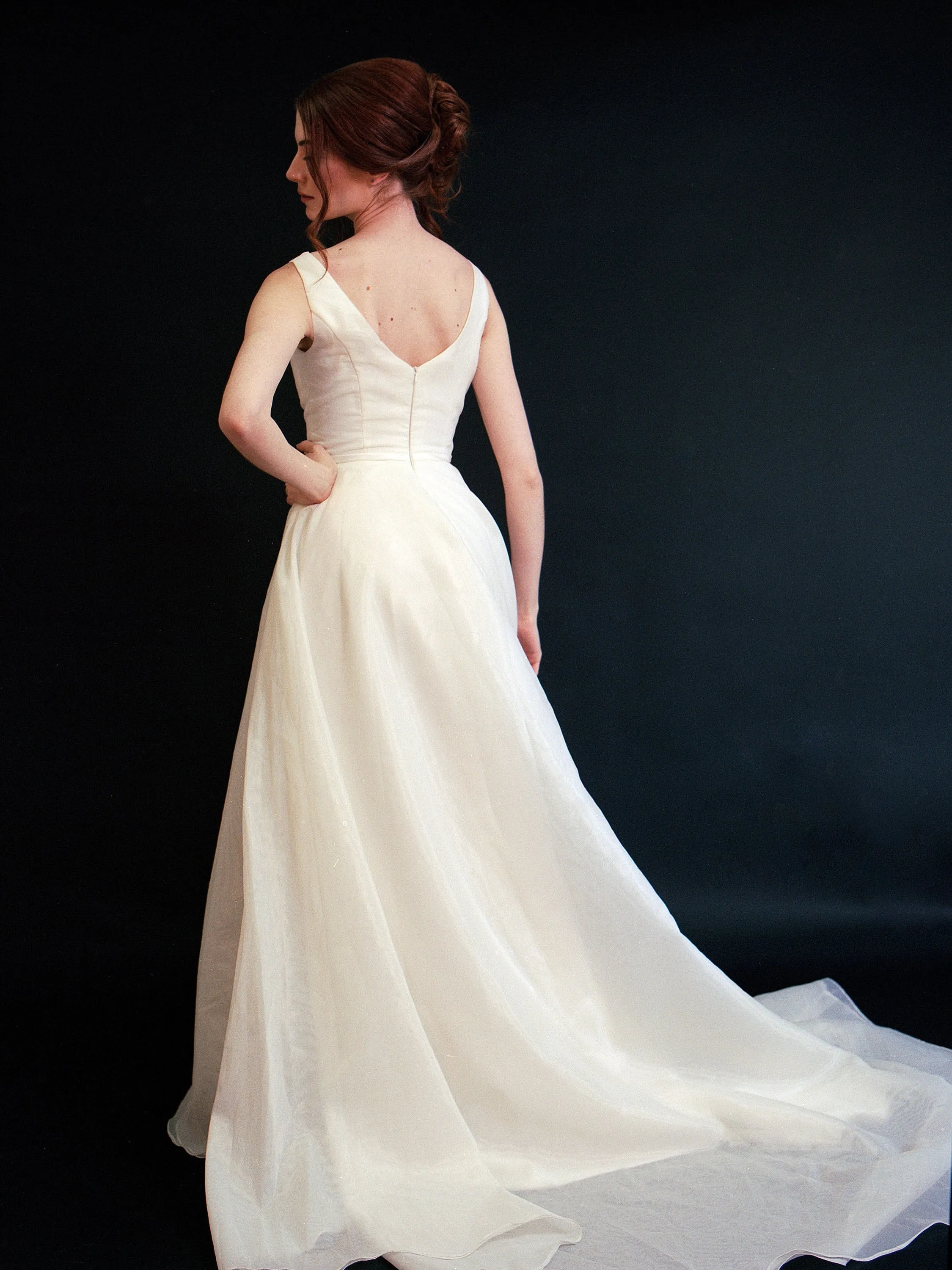 Style D2414 -Modern Organza Satin Scoop Neck A-line Princess Wedding dress with detachable sleeves