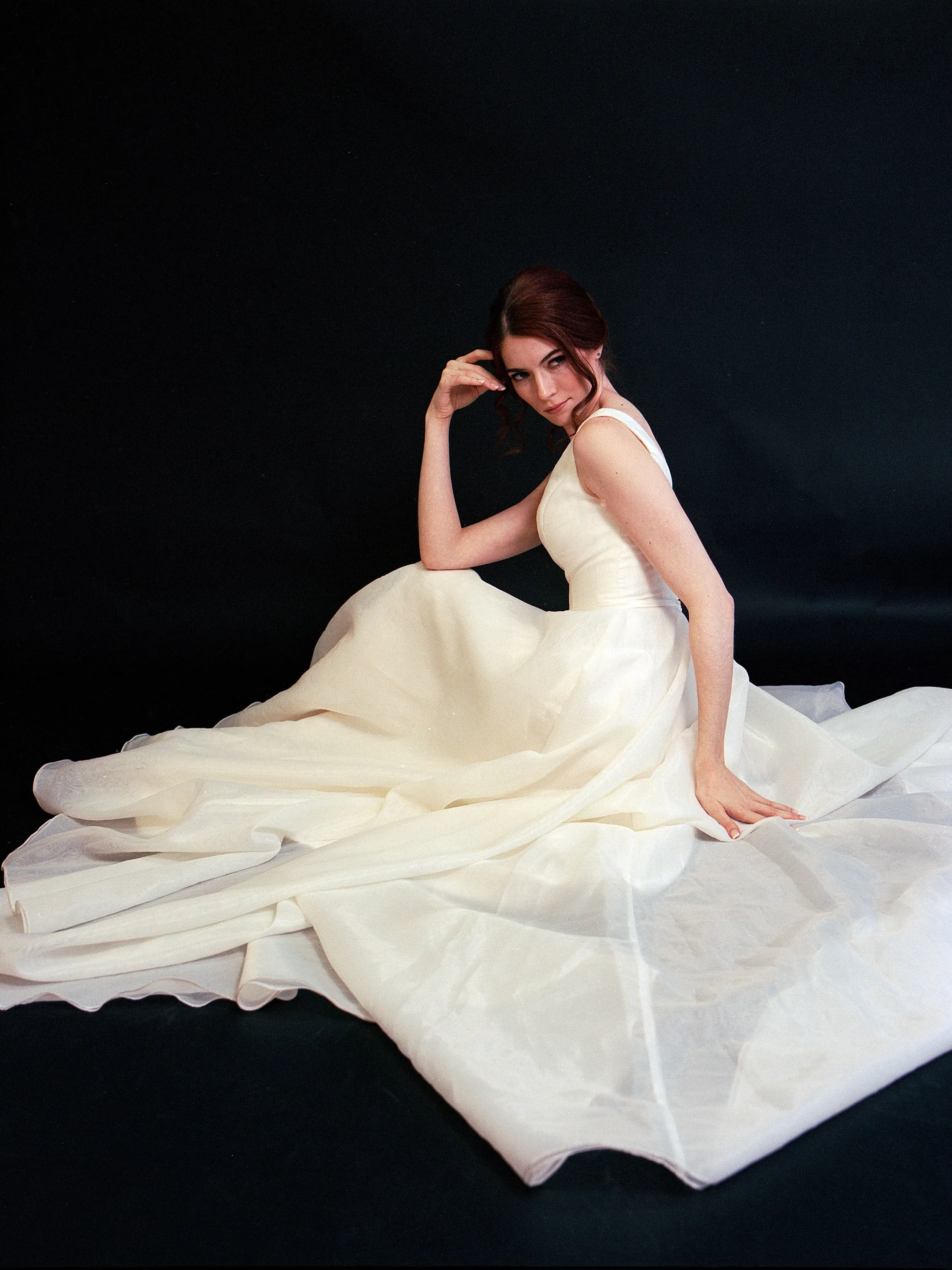 Style D2414 -Modern Organza Satin Scoop Neck A-line Princess Wedding dress with detachable sleeves