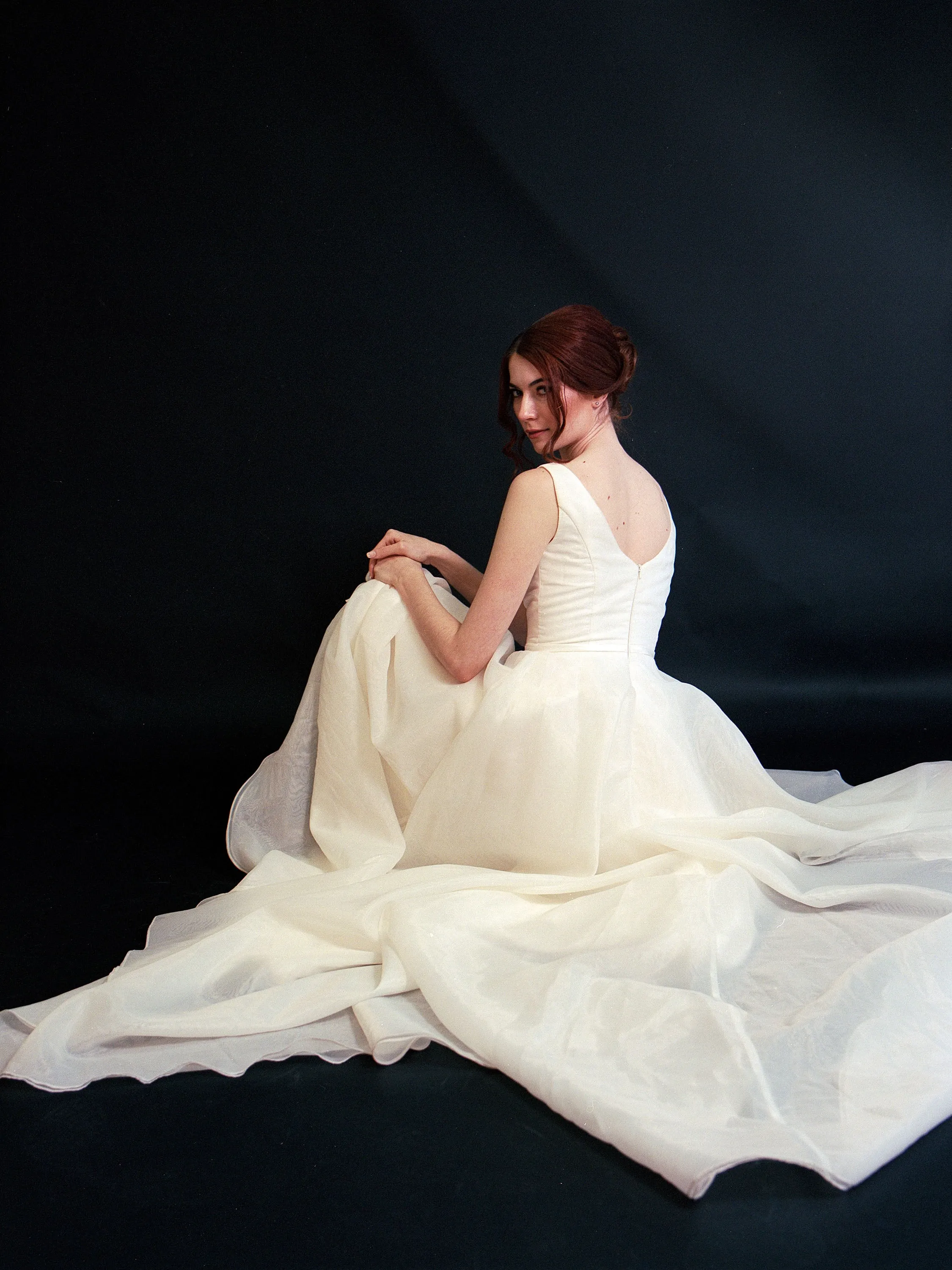 Style D2414 -Modern Organza Satin Scoop Neck A-line Princess Wedding dress with detachable sleeves