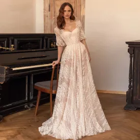 Sweetheart Half Puff Sleeve Lace Vintage A-Line Wedding Dress Sexy Backless Sweep Train