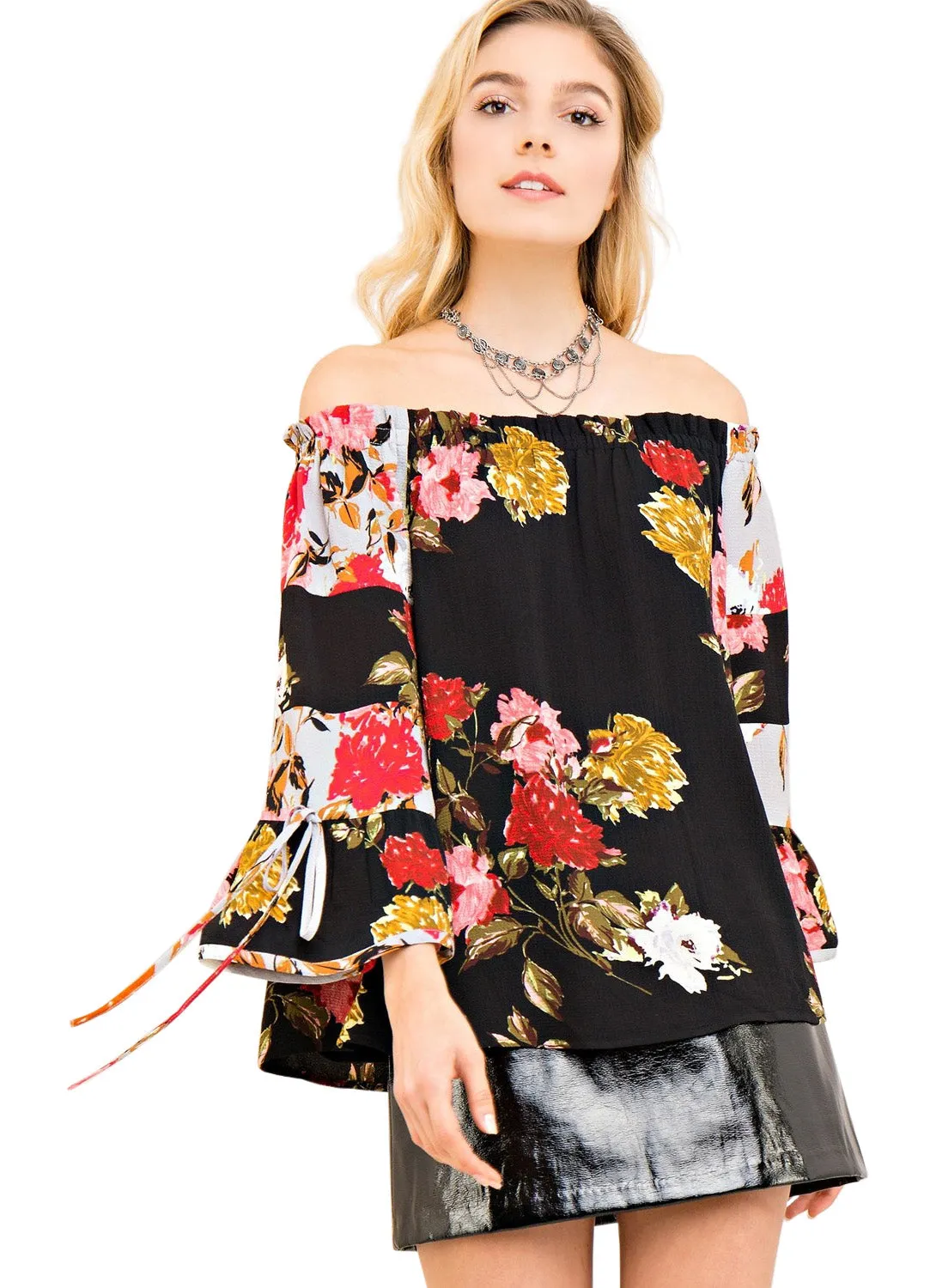 Textured Floral Off the Shoulder Top, Black