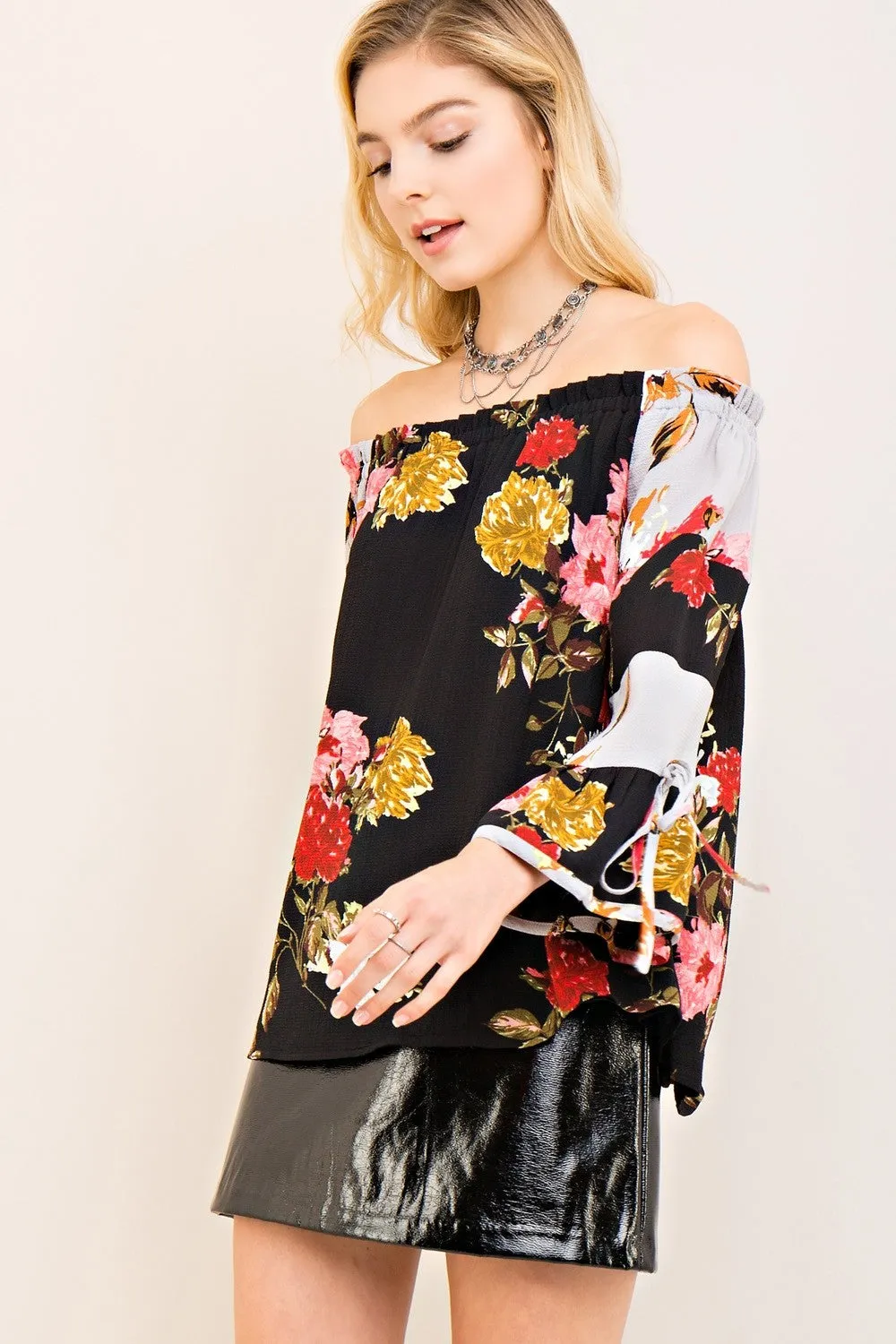 Textured Floral Off the Shoulder Top, Black