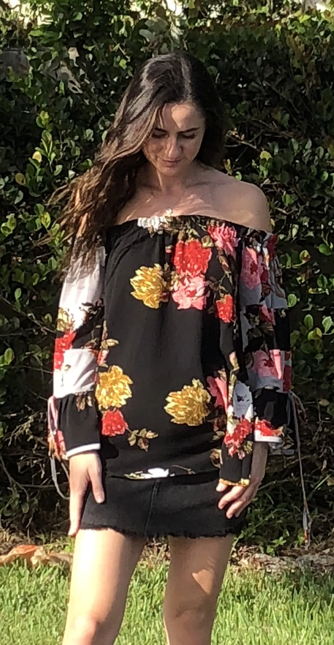 Textured Floral Off the Shoulder Top, Black