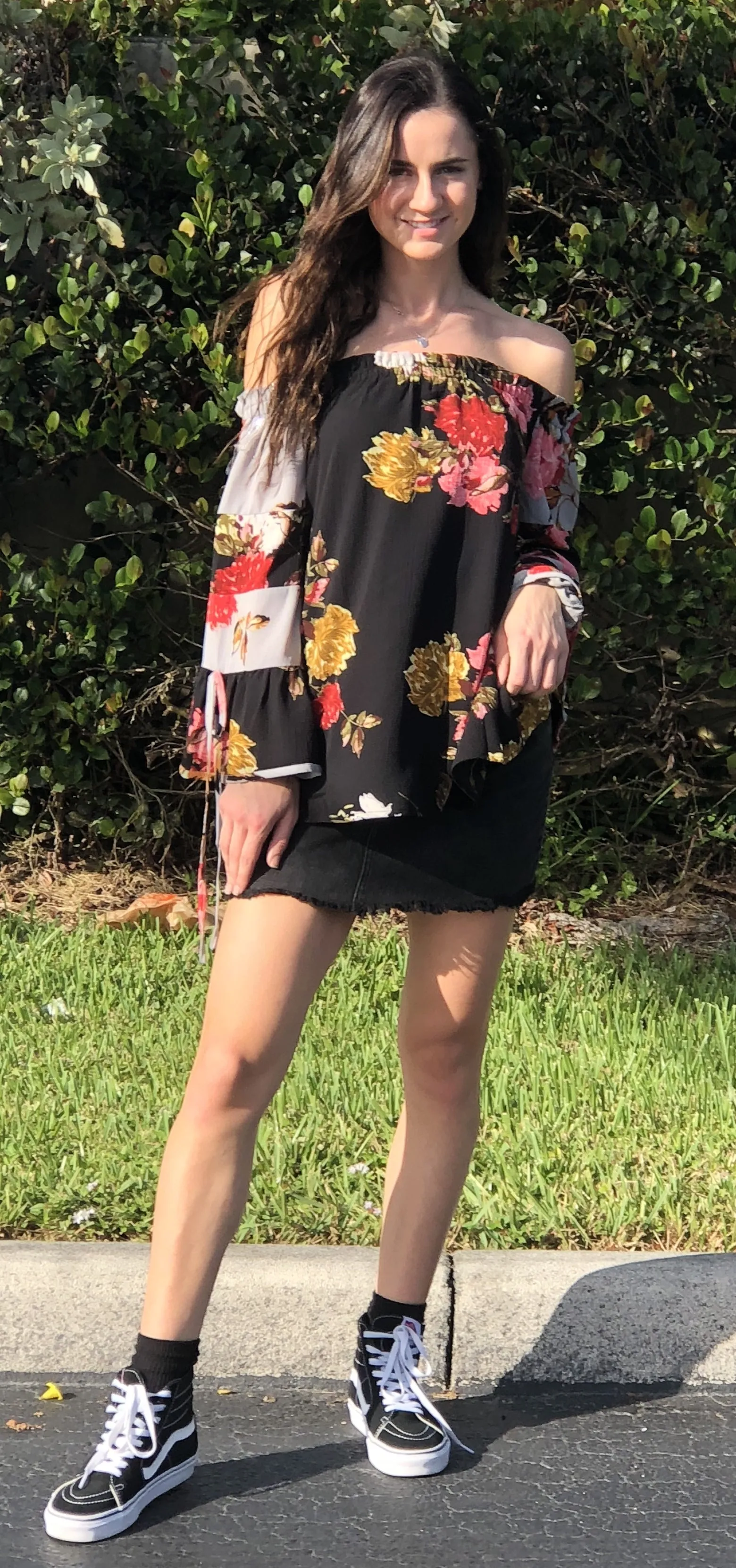 Textured Floral Off the Shoulder Top, Black