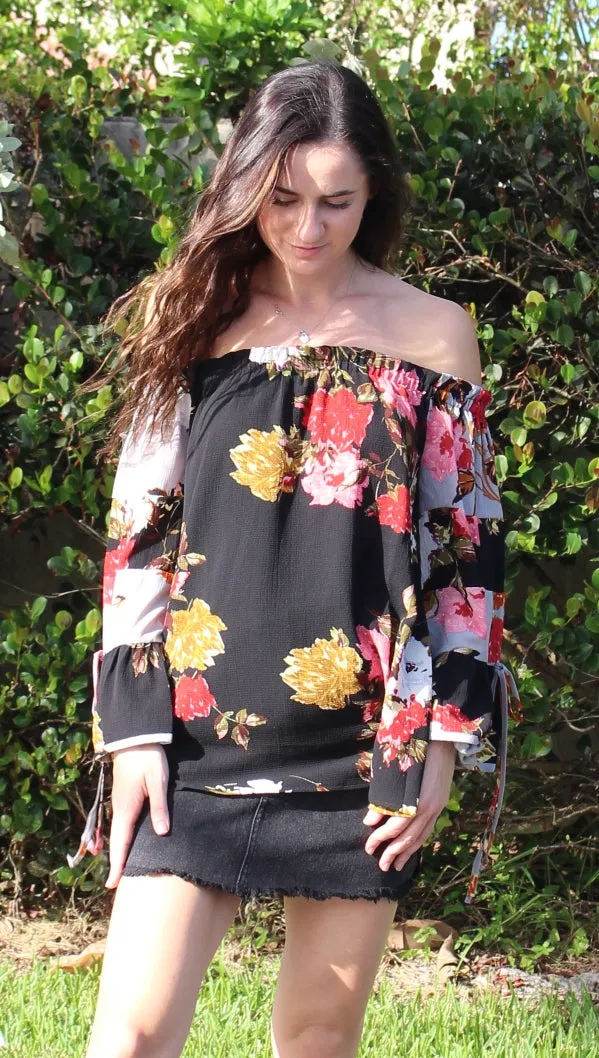 Textured Floral Off the Shoulder Top, Black