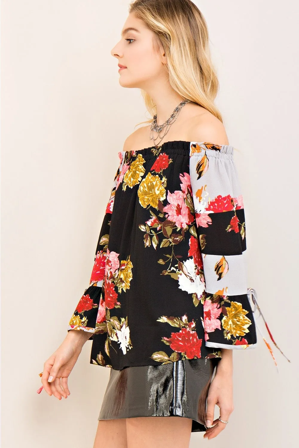 Textured Floral Off the Shoulder Top, Black