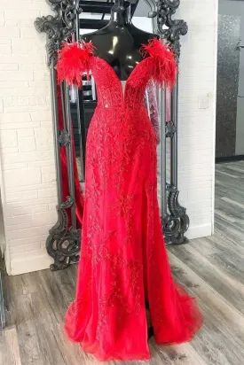 V Neck Mermaid Off Shoulder Red Lace Long Prom Dress, Mermaid Red Formal Dress, Red Lace Evening Dress A1789