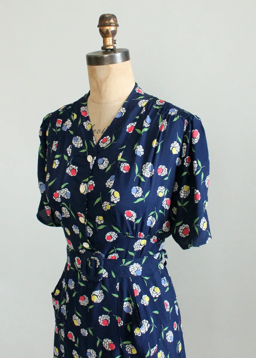 Vintage 1940s Floral Navy Rayon Slit Pocket Dress