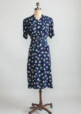 Vintage 1940s Floral Navy Rayon Slit Pocket Dress