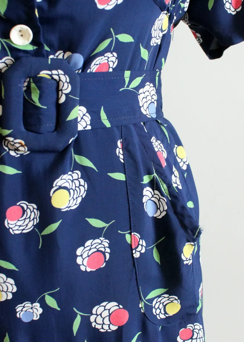 Vintage 1940s Floral Navy Rayon Slit Pocket Dress