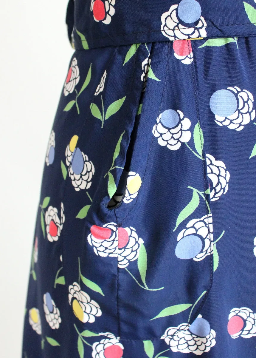 Vintage 1940s Floral Navy Rayon Slit Pocket Dress