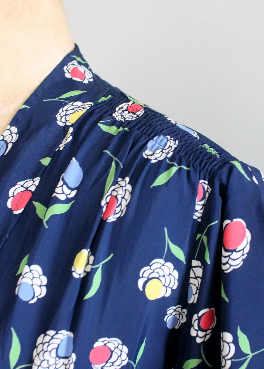 Vintage 1940s Floral Navy Rayon Slit Pocket Dress