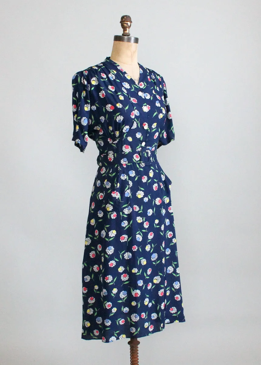 Vintage 1940s Floral Navy Rayon Slit Pocket Dress