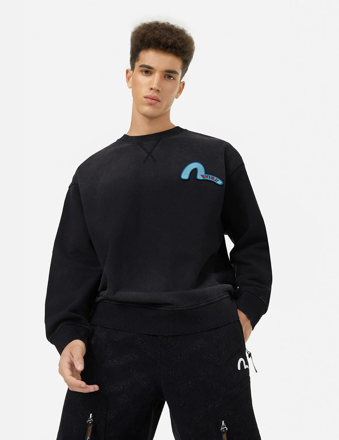 Washed Seagull and Logo Badge Daicock Print Loose Fit Sweatshirt