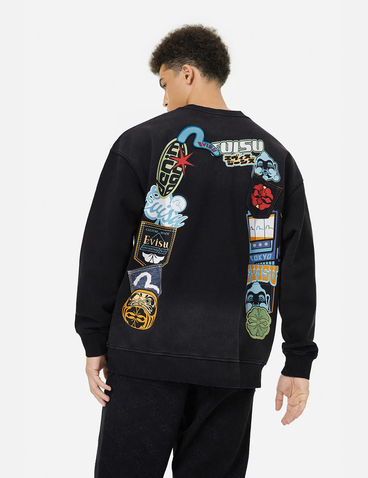 Washed Seagull and Logo Badge Daicock Print Loose Fit Sweatshirt