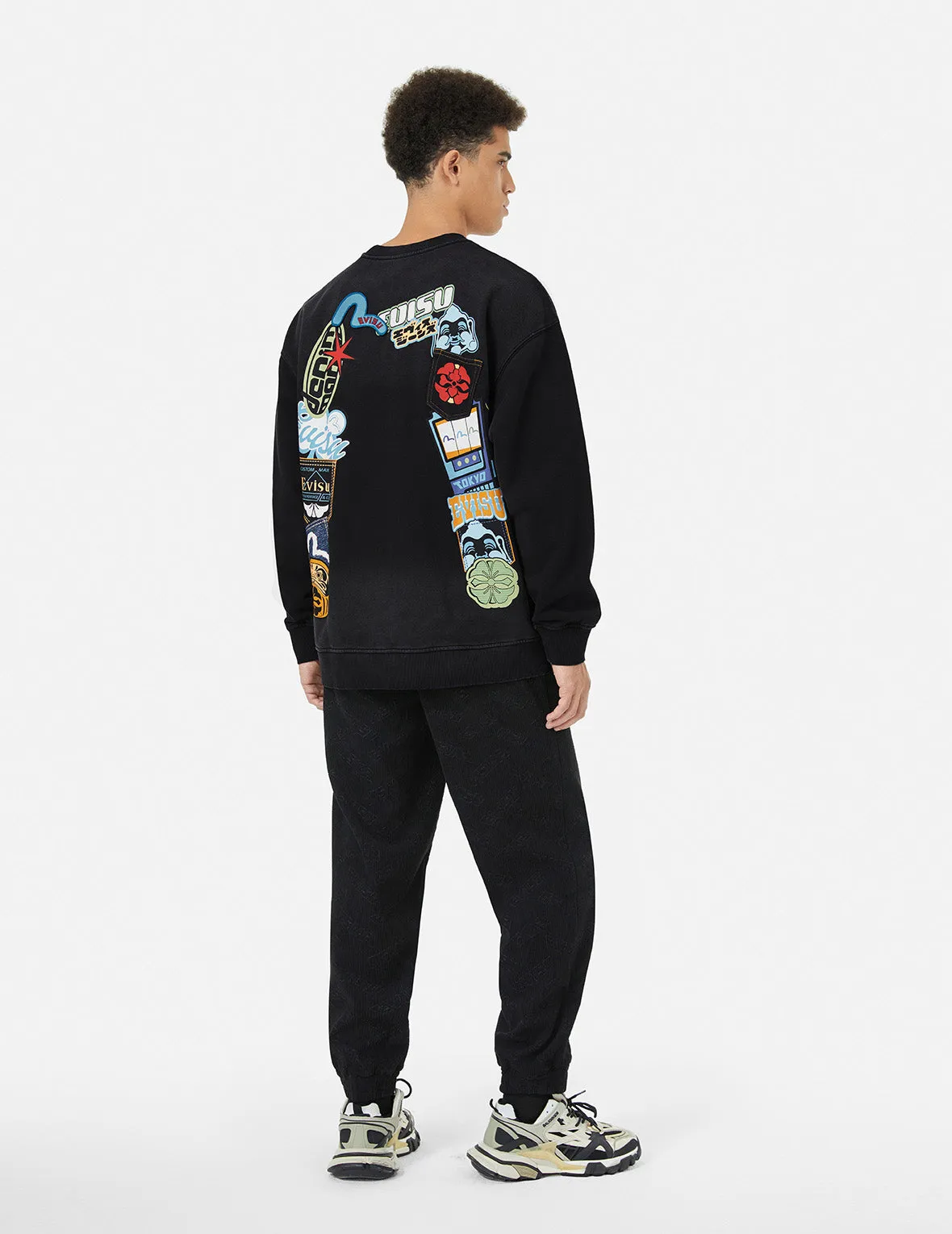 Washed Seagull and Logo Badge Daicock Print Loose Fit Sweatshirt