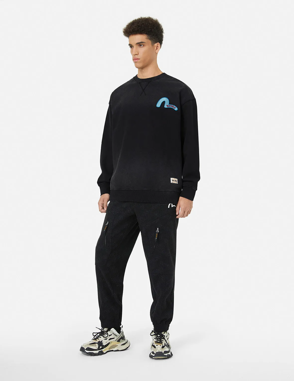 Washed Seagull and Logo Badge Daicock Print Loose Fit Sweatshirt