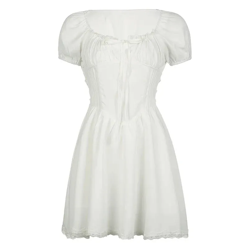 White Corset Short Sleeve Graceful Puff Sleeve Mini Dress