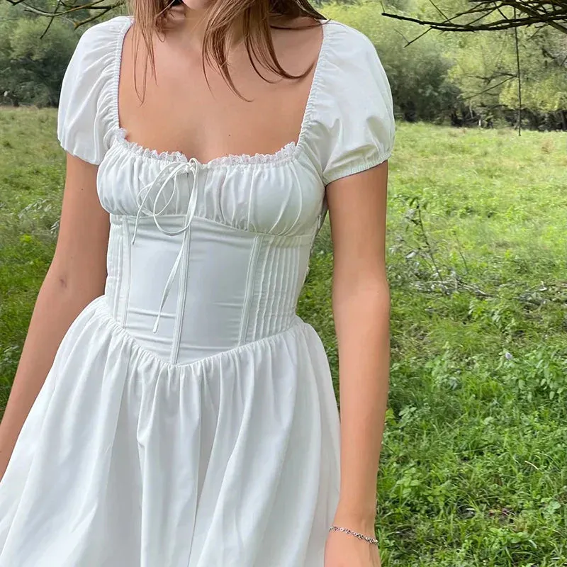 White Corset Short Sleeve Graceful Puff Sleeve Mini Dress