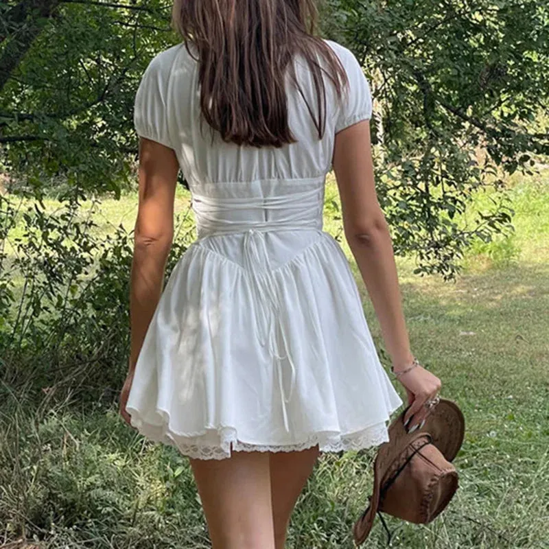 White Corset Short Sleeve Graceful Puff Sleeve Mini Dress