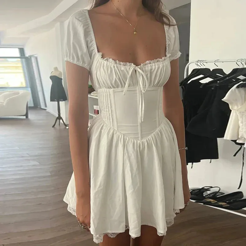White Corset Short Sleeve Graceful Puff Sleeve Mini Dress