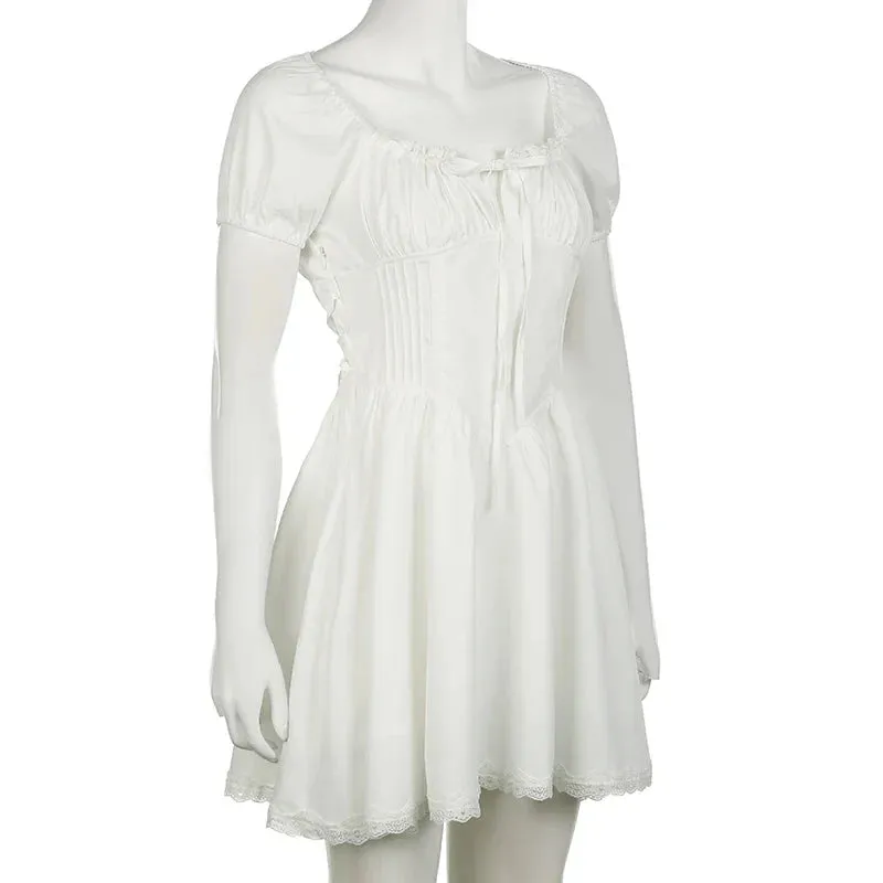 White Corset Short Sleeve Graceful Puff Sleeve Mini Dress