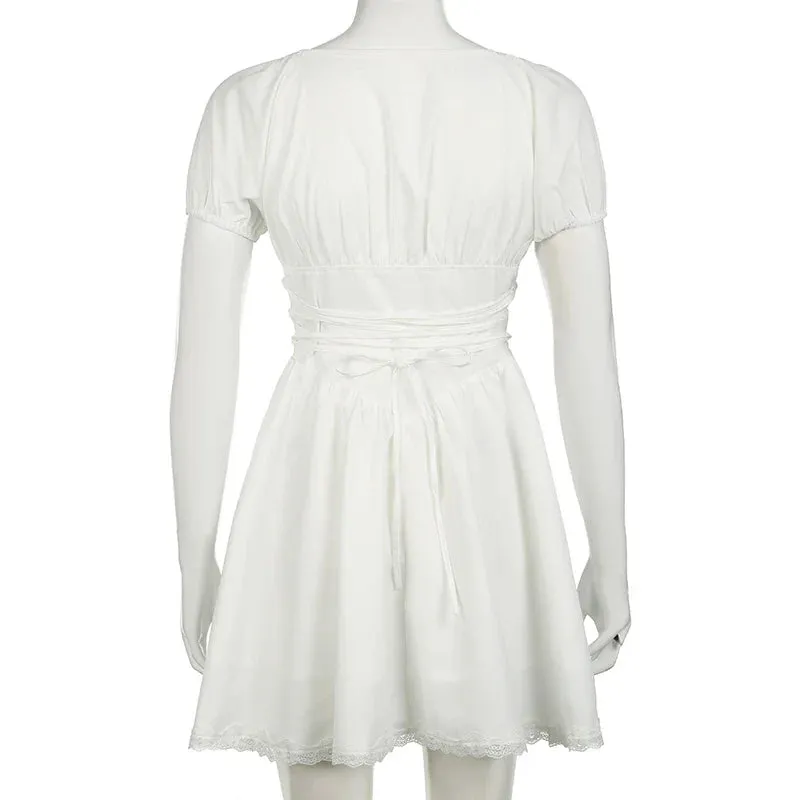 White Corset Short Sleeve Graceful Puff Sleeve Mini Dress
