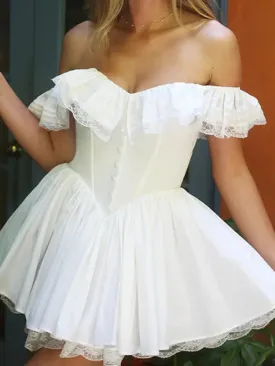 White Frill Off-shoulder Charming Corset Mini Dress