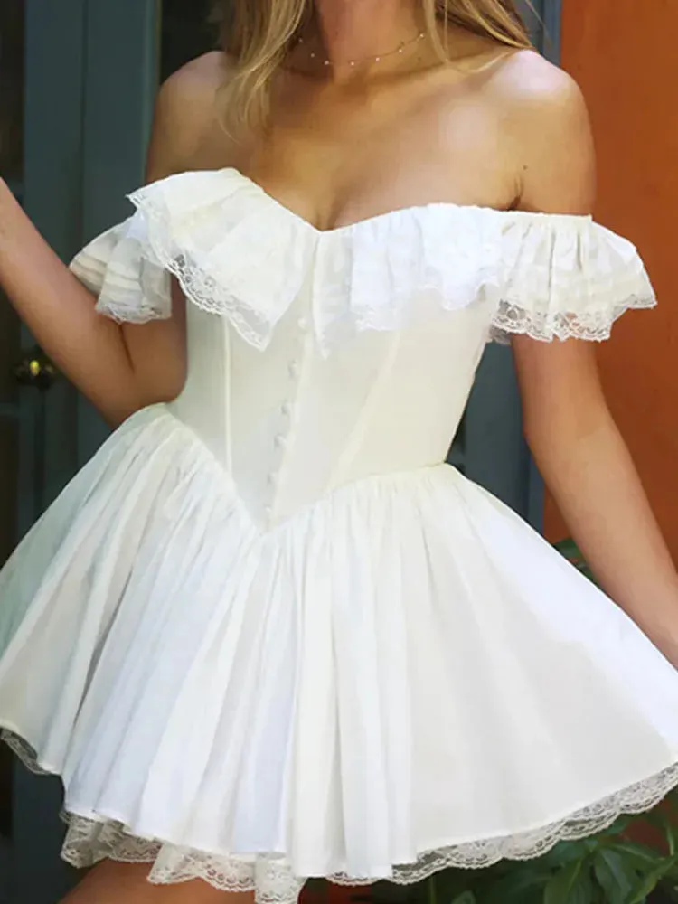 White Frill Off-shoulder Charming Corset Mini Dress