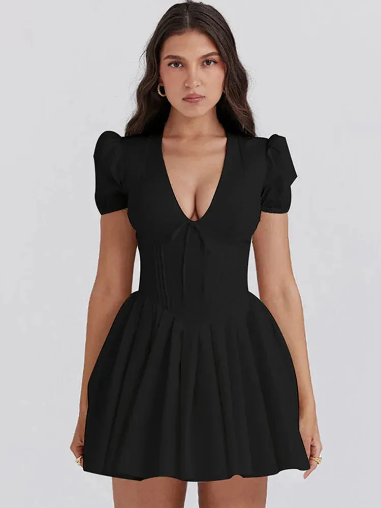 White V-neck Puff Charming Sleeve Corset Mini Dress