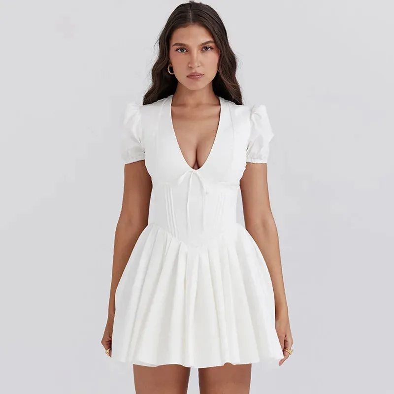 White V-neck Puff Charming Sleeve Corset Mini Dress