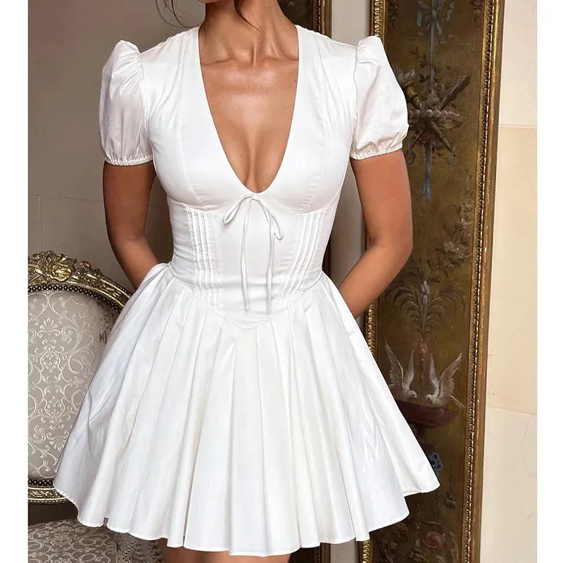 White V-neck Puff Charming Sleeve Corset Mini Dress