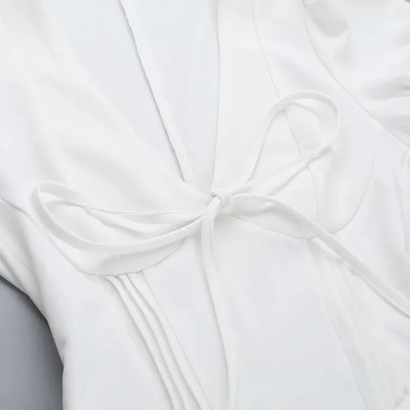 White V-neck Puff Charming Sleeve Corset Mini Dress