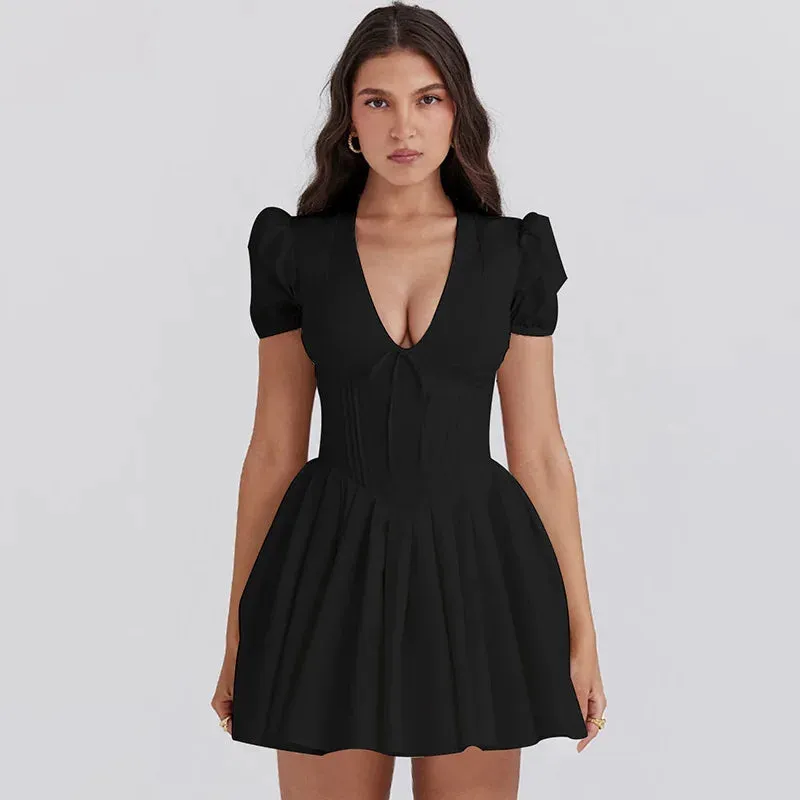 White V-neck Puff Charming Sleeve Corset Mini Dress