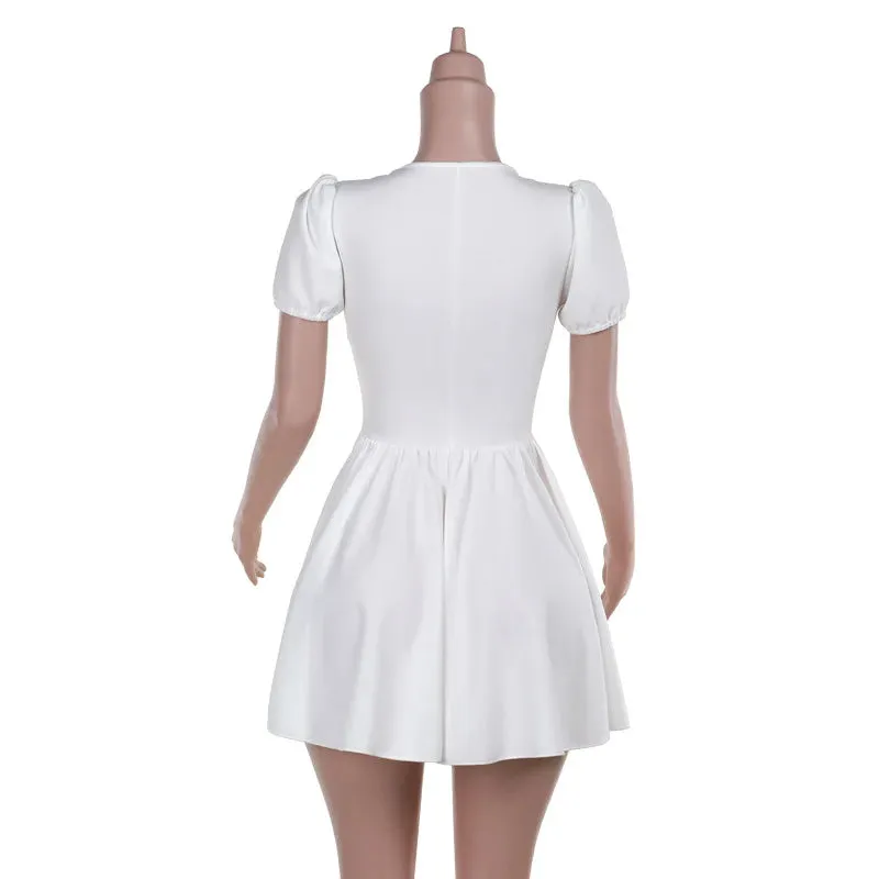 White V-neck Puff Charming Sleeve Corset Mini Dress