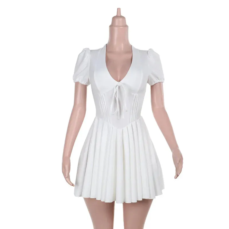 White V-neck Puff Charming Sleeve Corset Mini Dress