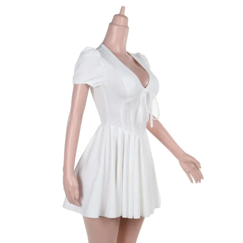 White V-neck Puff Charming Sleeve Corset Mini Dress