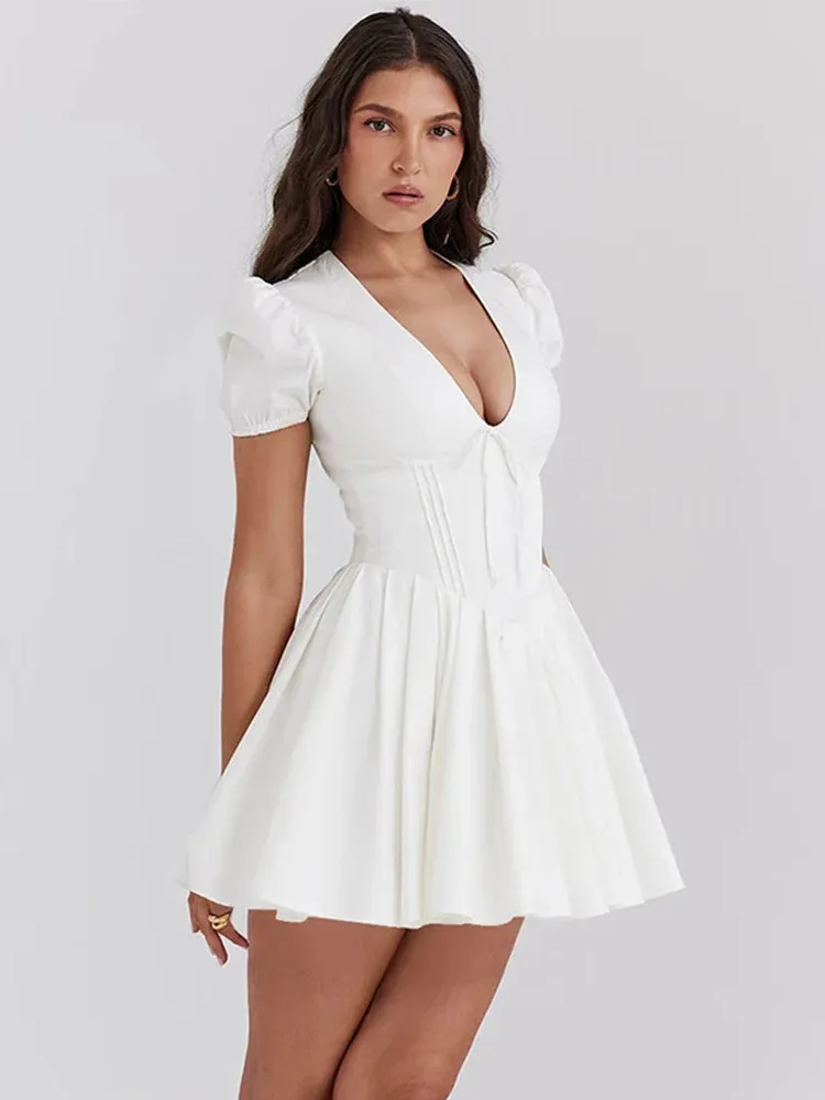White V-neck Puff Charming Sleeve Corset Mini Dress